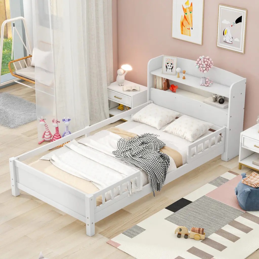 Wood Twin Platform Bed Built LED Light Storage Headboard Modern Design wm store