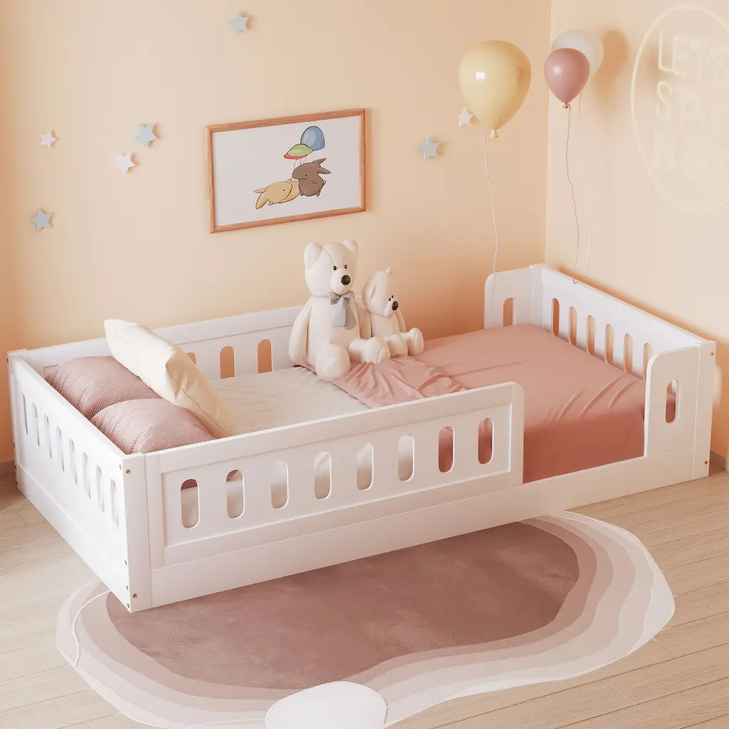 Wood Twin Size Platform Bed Guardrail White Box Spring Not Required wm store
