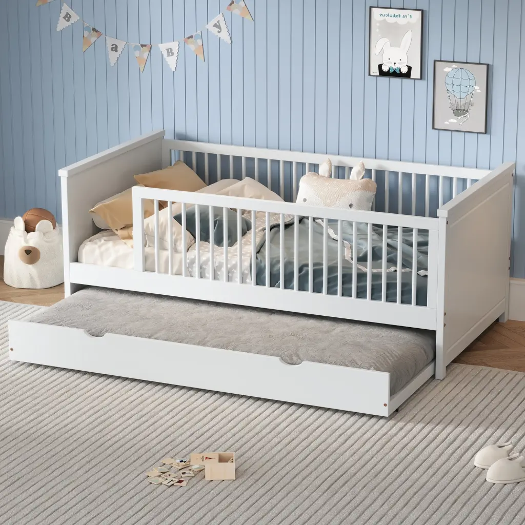 Wood Twin Size Platform Bed Guardrail And Trundle White Box Spring Bed Frame wm store