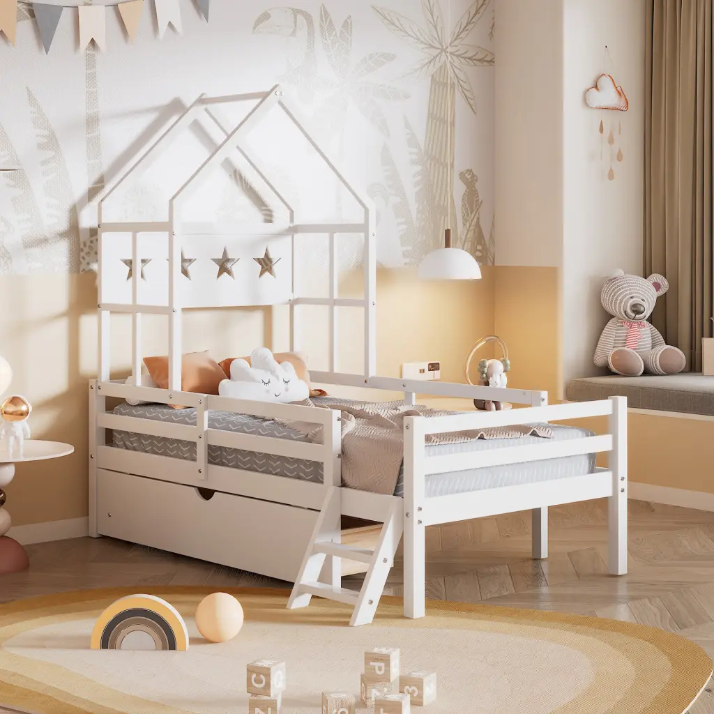 Wood Twin Size Platform Bed Guardrail and Drawer White Finish wm store