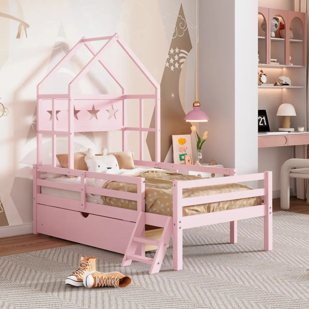 Wood Twin Size Platform Bed Guardrail and Drawer Pink wm store