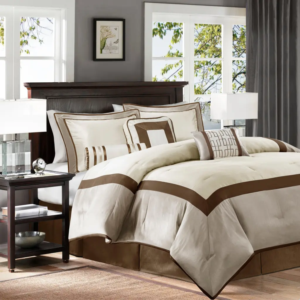 7 Piece Comforter Set Taupe Brown King Size Polyester Bedding jla