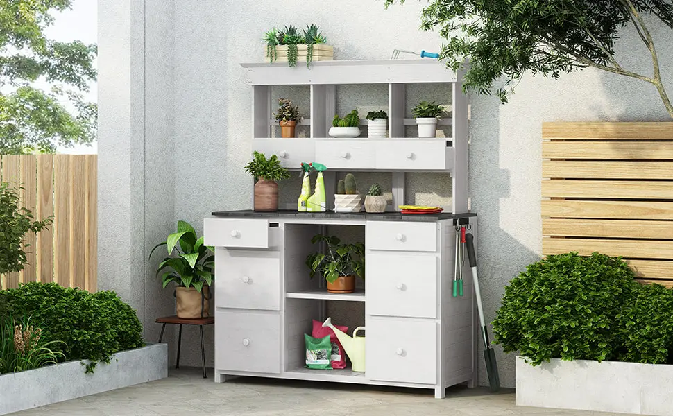 Rustic Garden Potting Bench Table Multiple Drawers and Polished Design rnb
