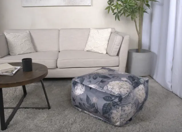 Hazel Large Square Pouf Flower Print on Gray Velvet Living Room Decor bazar