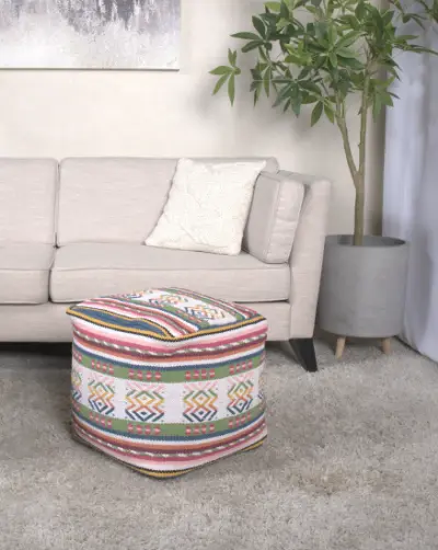 Inca Artisan Made Peruvian Print Square Pouf White Pink Multicolor M Handmade Home Decor bazar