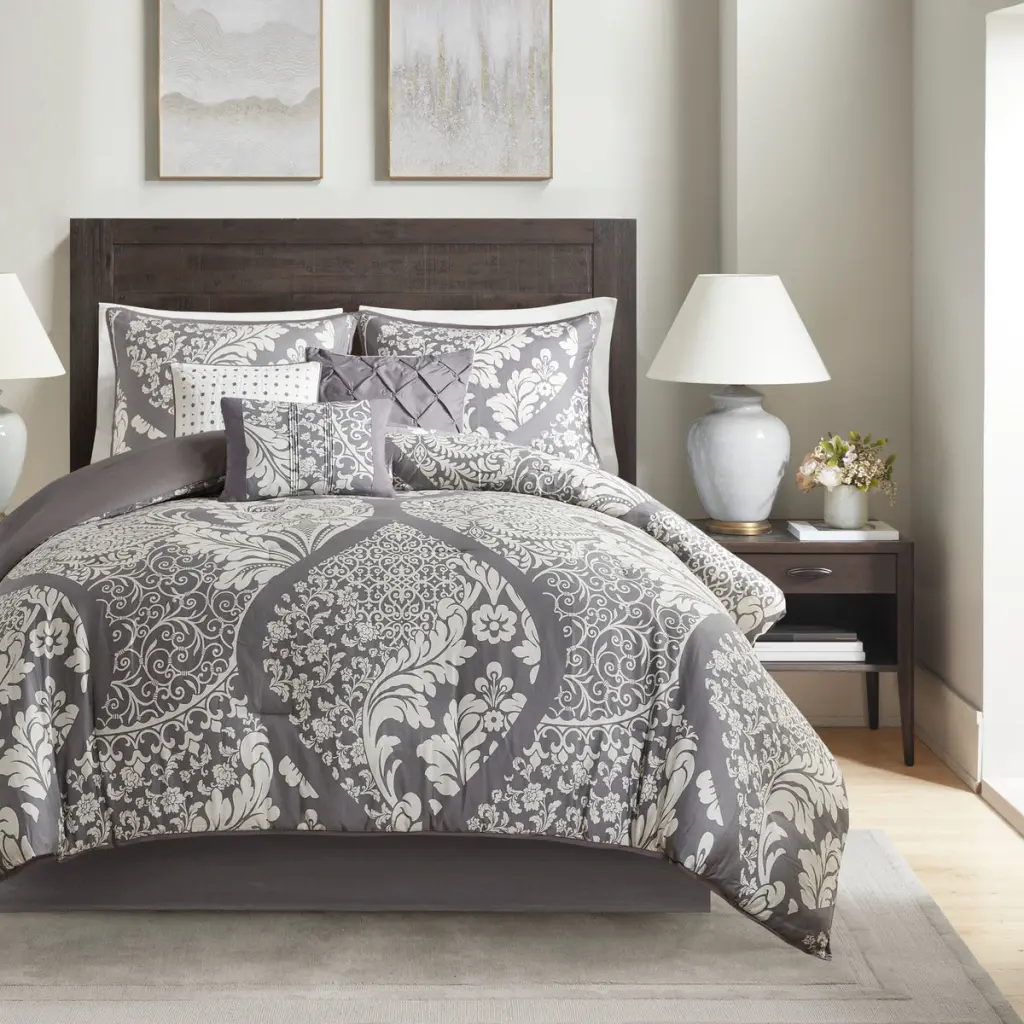 7 Piece Cotton Printed Easeer Set Grey King King Grey Polyester Bedding jla