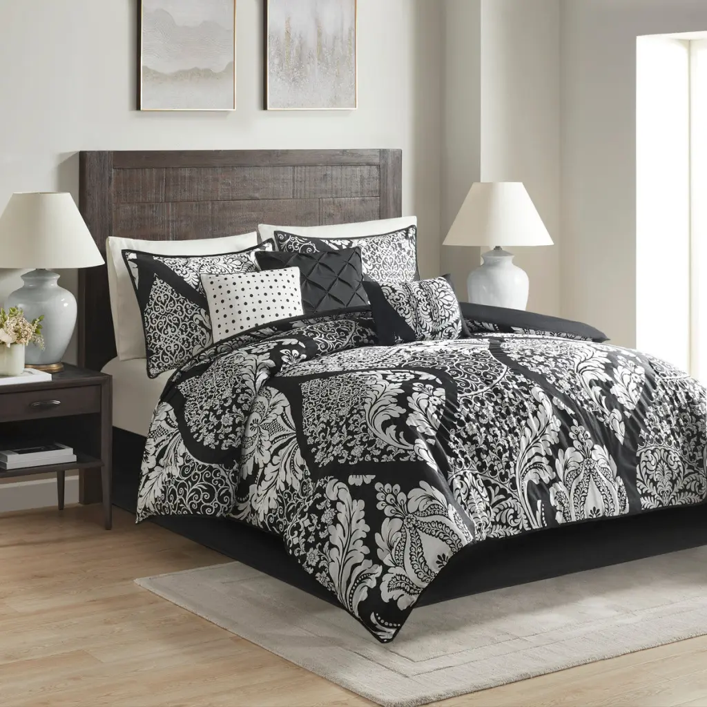 7 Piece Cotton Printed Easeer Set Black California King Size Bedding jla