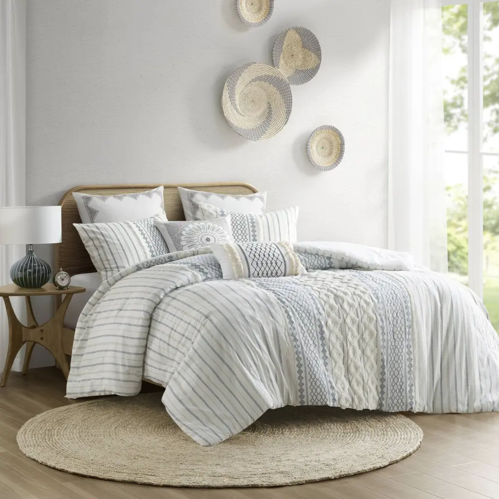 Cotton Printed Comforter Set Chenille White Navy Full Queen Bedding jla