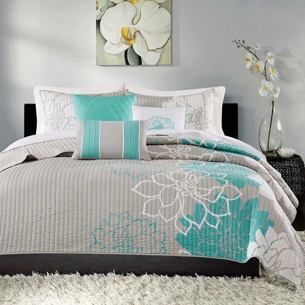 6 Piece Printed Cotton Quilt Set Throw Pillows Aqua Full Queen Size jla