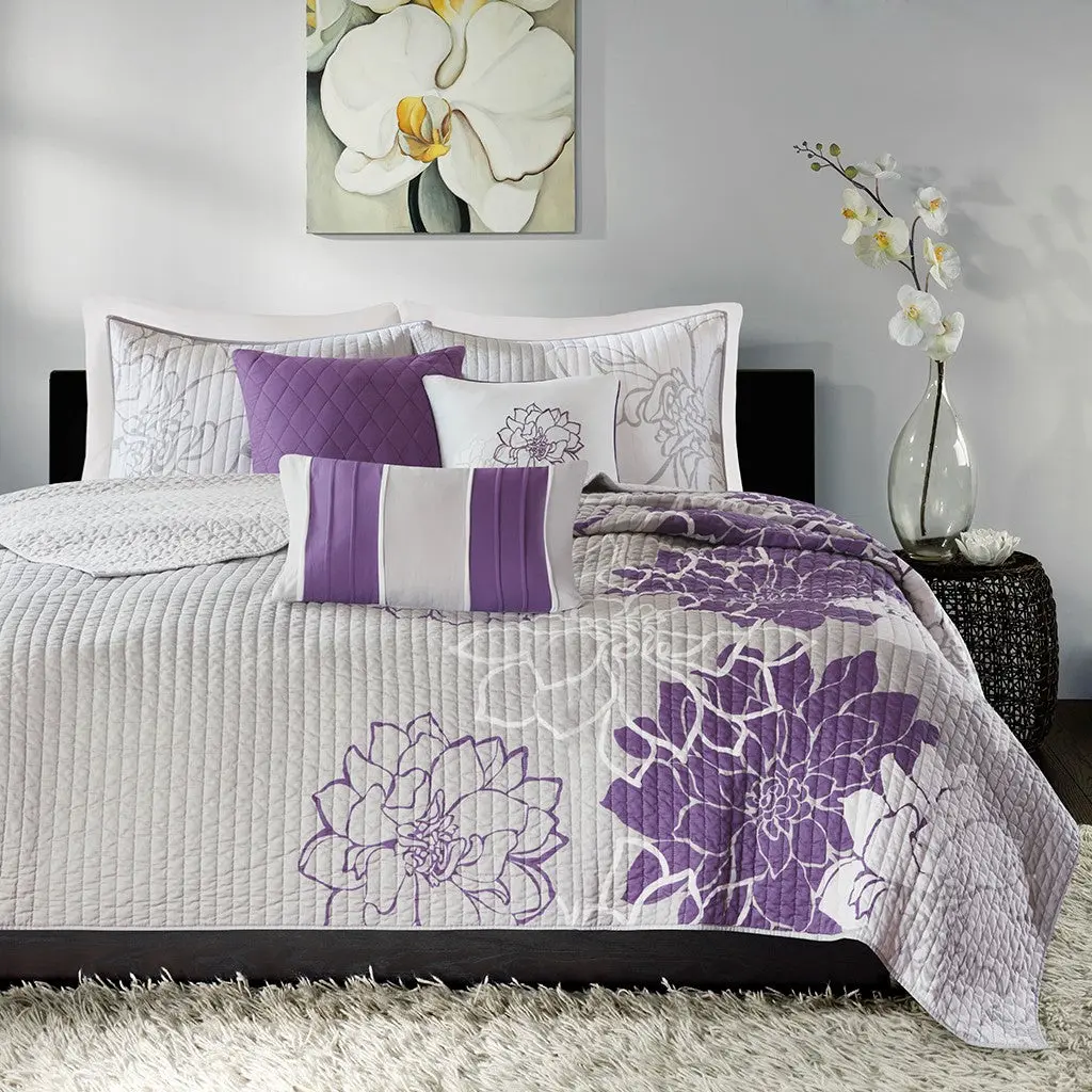 6 Piece Printed Cotton Quilt Set Throw Pillows Taupe Grey Purple jla