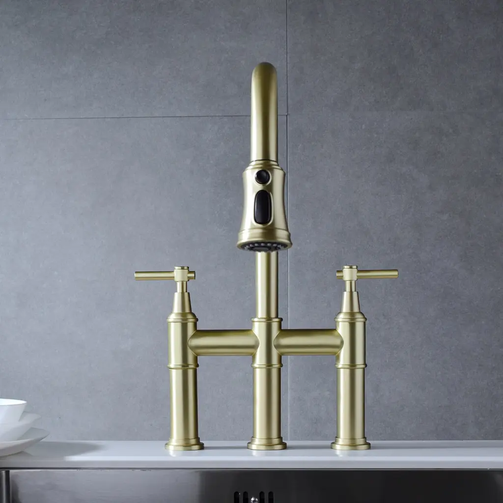 Bridge Kitchen Faucet Pull Down Sprayhead Spot Precious Metal Copper Alloy rnb