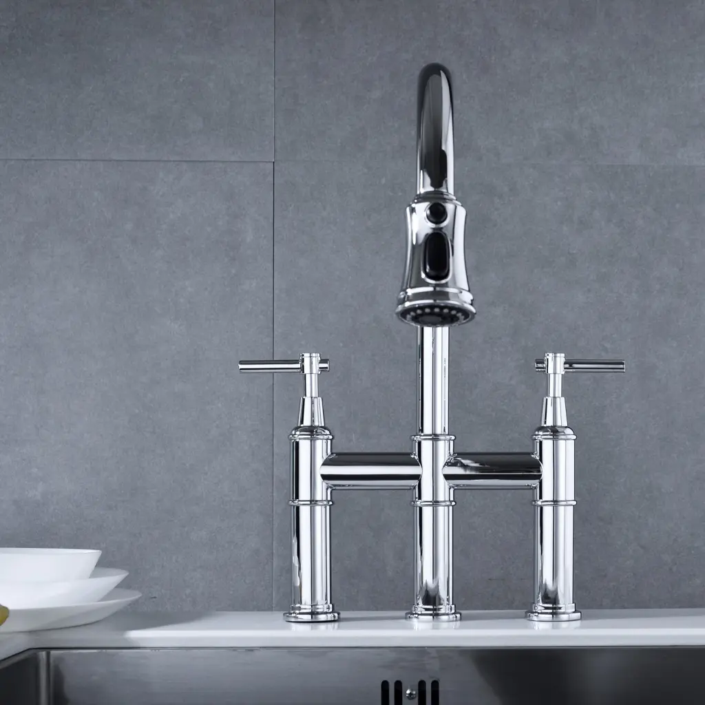 Bridge Kitchen Faucet Pull Down Sprayhead Spot Chrome Copper Alloy rnb
