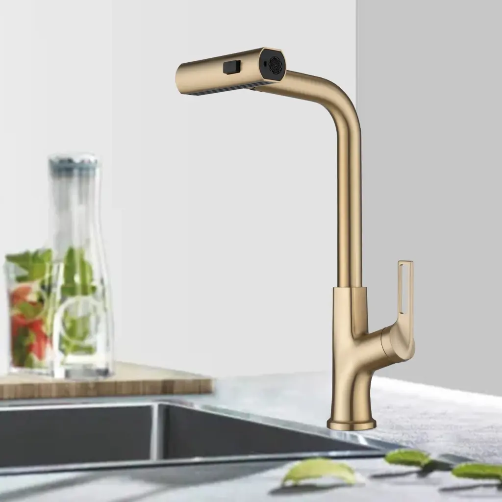 Gold Kitchen Waterfall Faucet Pull Down Sprayer Single Handle sihua sanitary ware