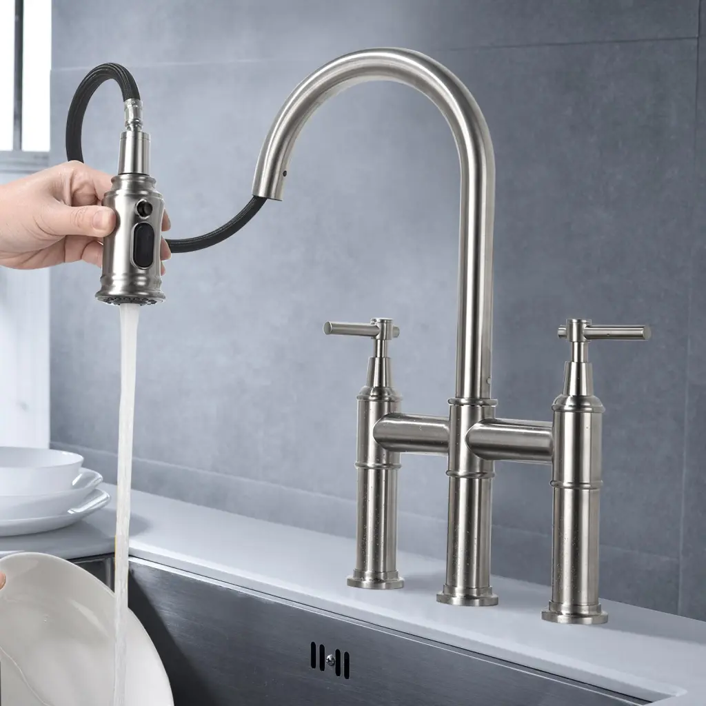 Bridge Kitchen Faucet Pull Down Sprayhead Spot Brushed Nickel Sink Faucet w2287