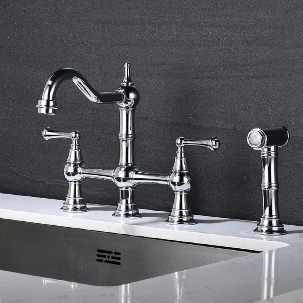 Chrome Bridge Dual Handle Kitchen Faucet Pull Out Side Spray w2287