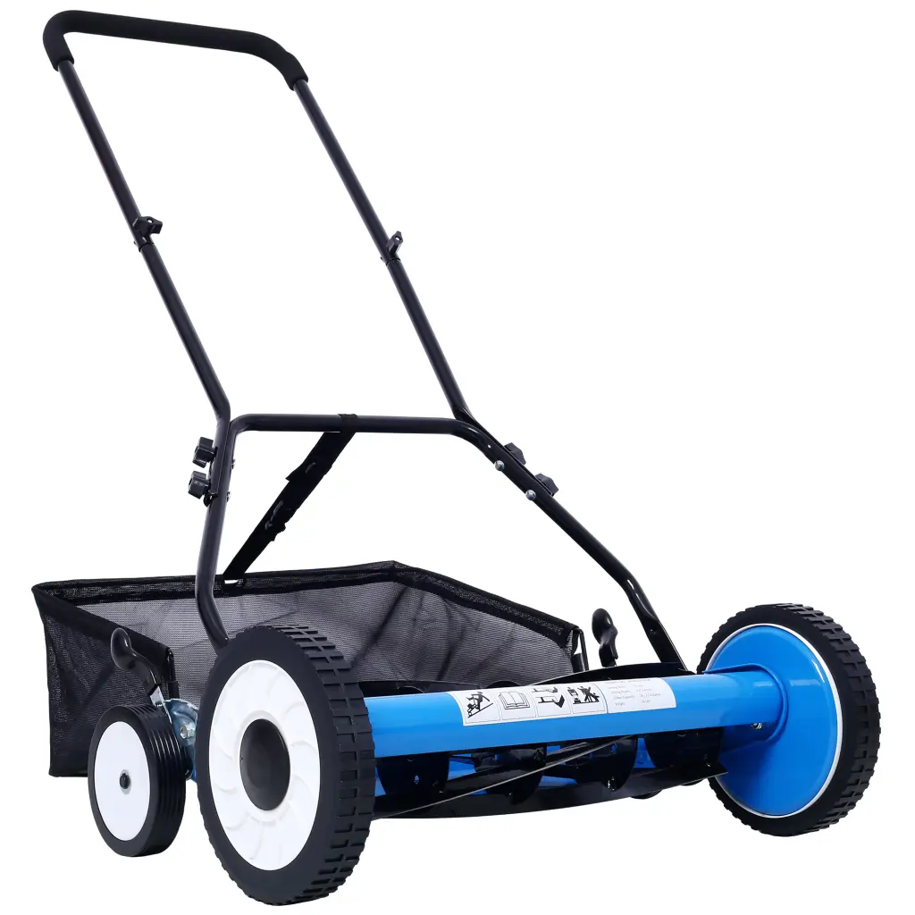 20 Inch 5 Blade Push Reel Lawn Mower Grass Catcher 4 Wheels Blue g-h