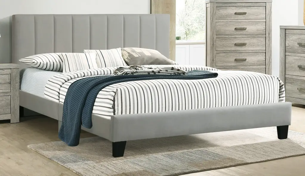 Queen Size Bed Gray Polyfiber Vertical Tufted Platform Bed Headboard kanepe