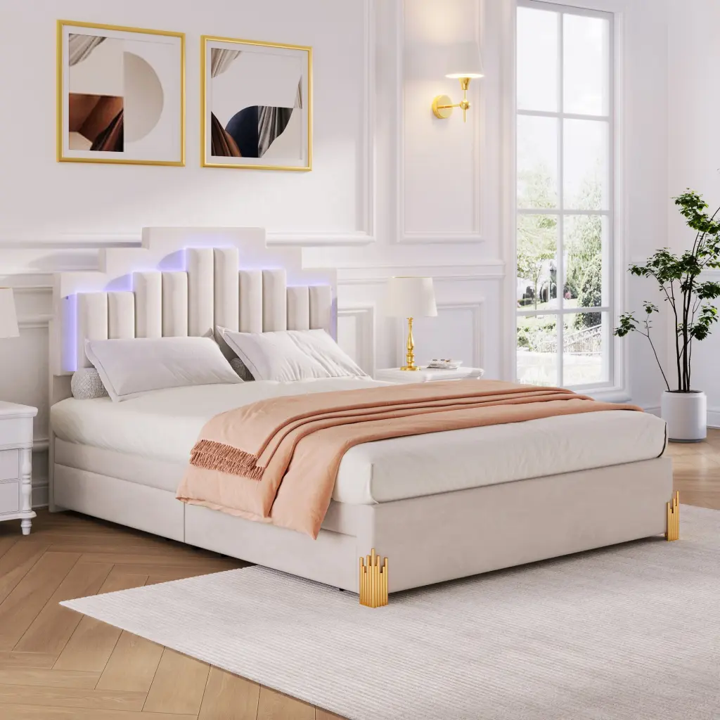 Queen Upholstered Platform Bed LED Lights and 4 Drawers Stylish Design lucky world