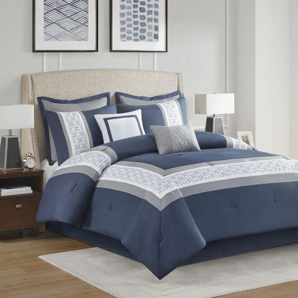 8 Piece Embroidered Comforter Set Navy Polyester Bedding Set Queen Bed jla