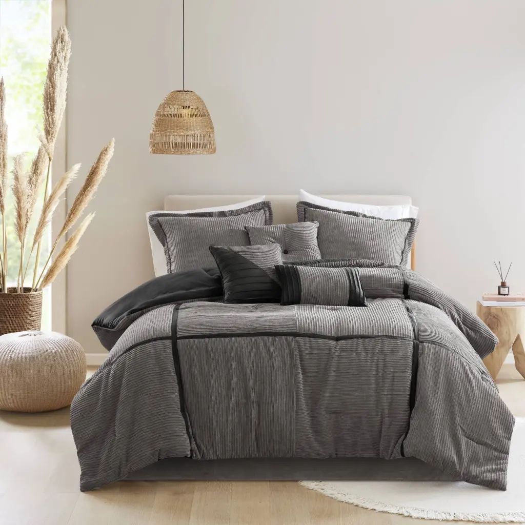 7 Piece Micro Corduroy Easeer Set - Grey Queen Size - Polyester Comfort jla