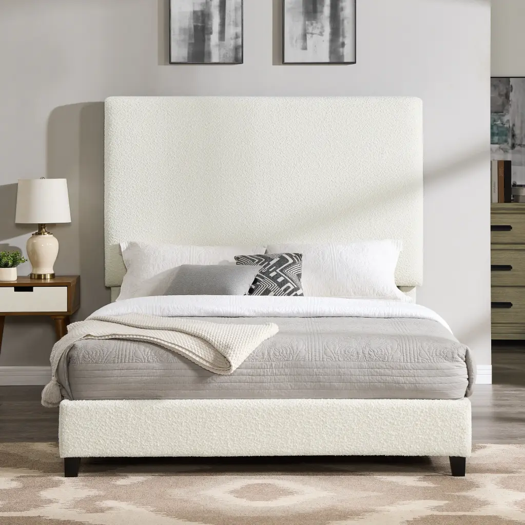 Queen Size White Boucle Upholstered Platform Bed Box Spring Required Bed Frame bridgevine home