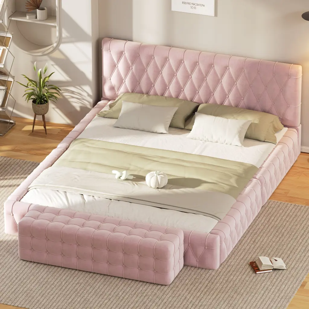 2 Pieces Queen Upholstered Bed Set Rectangular Headboard - Bedroom Furniture homey life