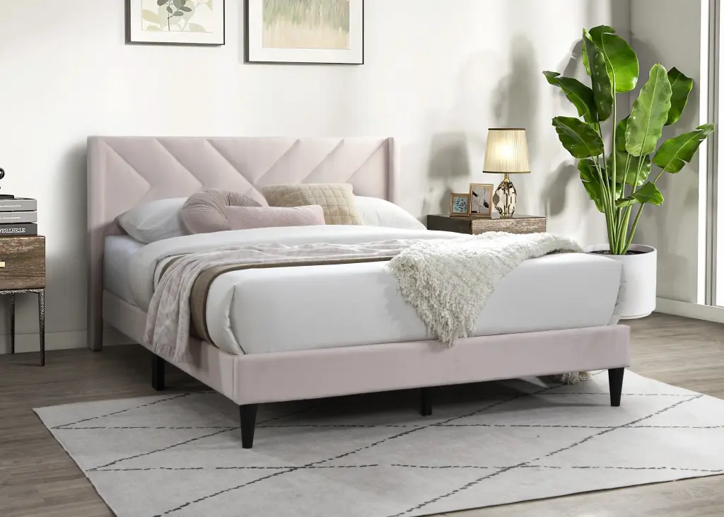 Elegant Modern Light Pink Velvet Upholstered Queen Size Bed Clean Lines Bed Frame kanepe