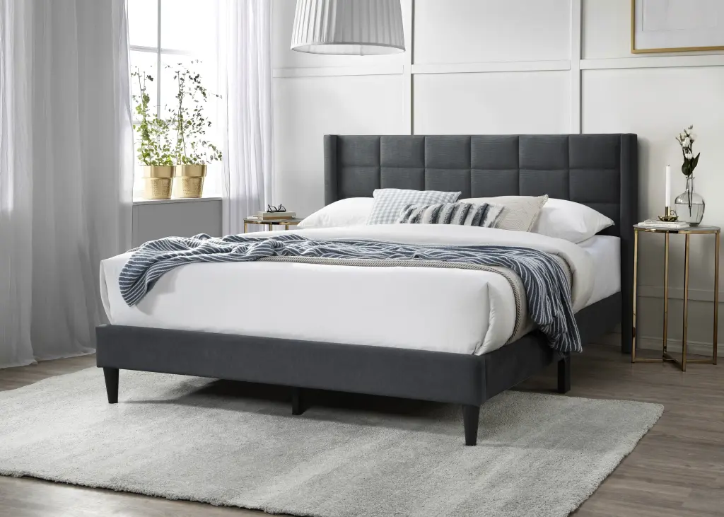 Elegant Modern Queen Size Bed Charcoal Brushed Linen Upholstery kanepe