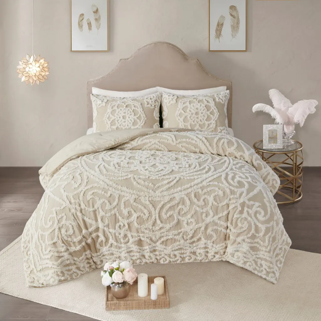 Tufted Cotton Chenille Medallion Comforter Set Taupe Full Queen Size Luxury Bedding jla