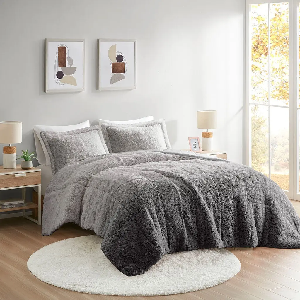 Ombre Shaggy Long Fur Comforter Mini Set Queen Size Grey Polyester Bedding jla