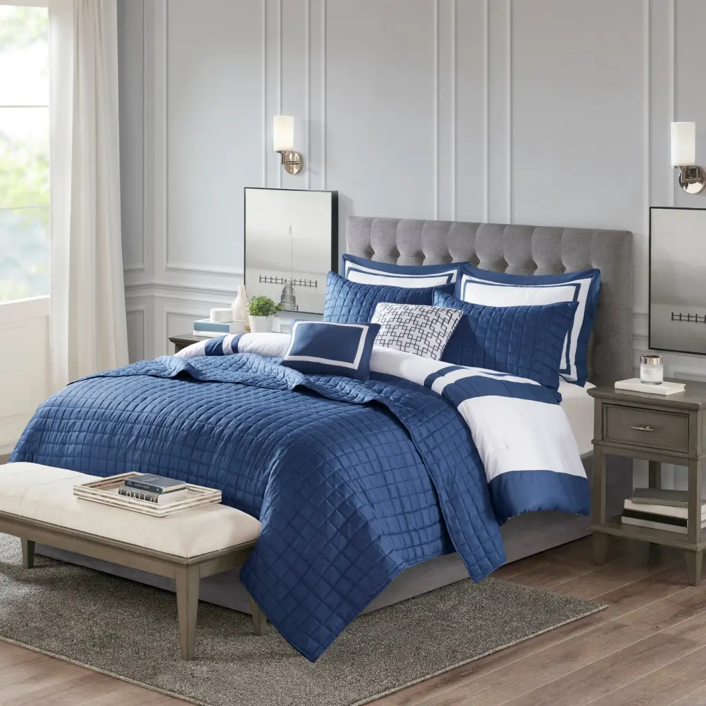 8 Piece Comforter And Quilt Set Collection Navy Full Queen Size jla