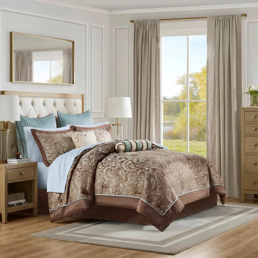 12 Piece Comforter Set Cotton Bed Sheets Blue Brown Queen Size jla