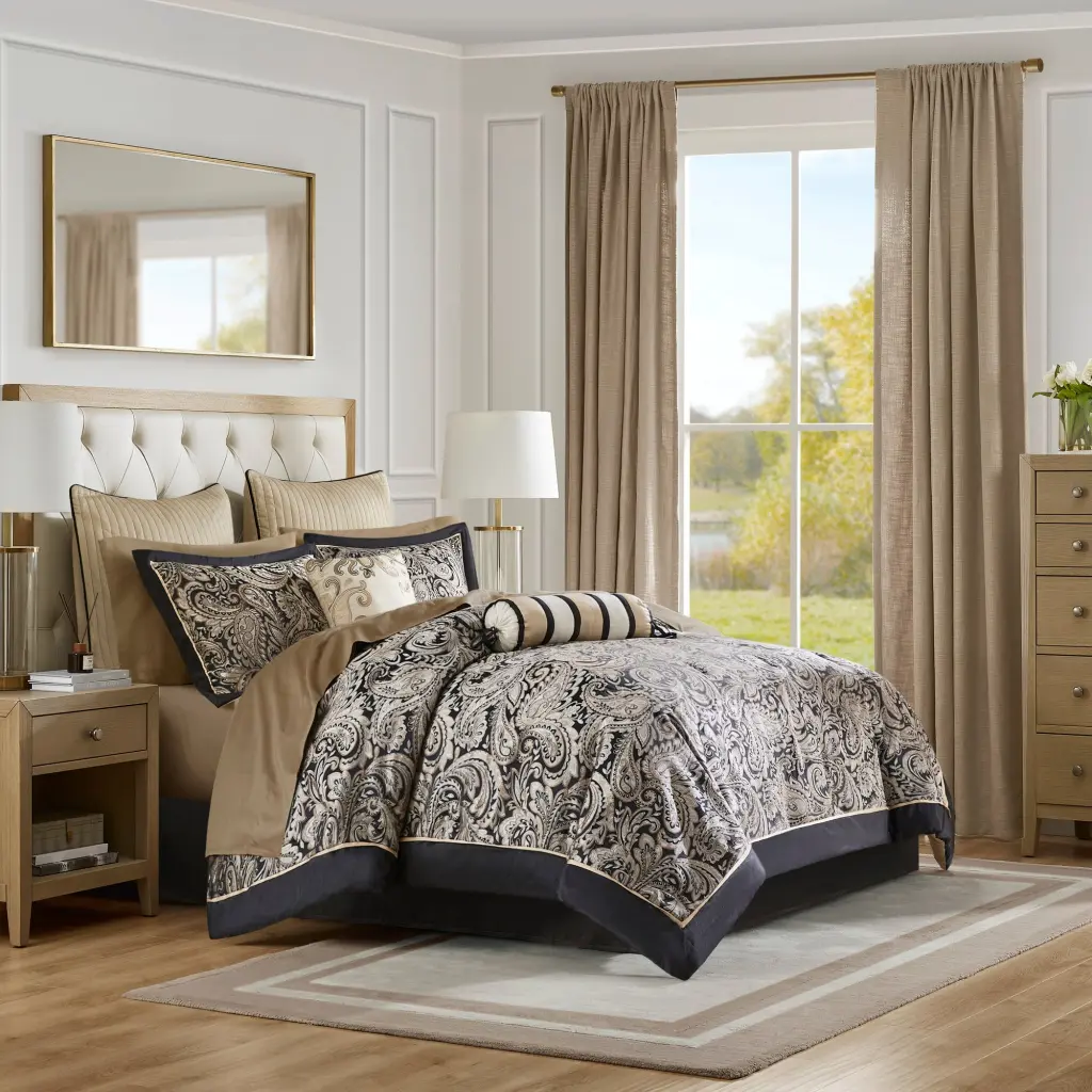 12 Piece Comforter Set Cotton Bed Sheets Black Queen Size Bedding Collection jla