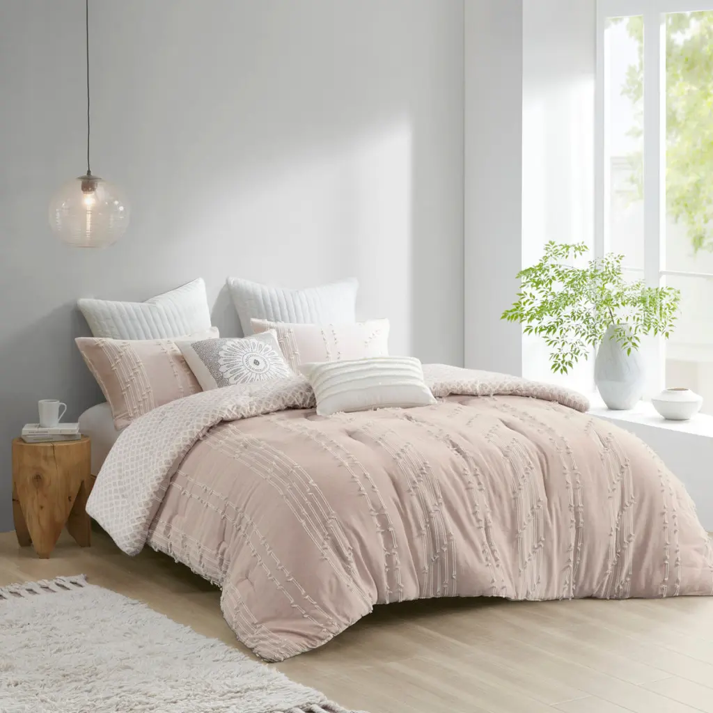 3 Piece Cotton Jacquard Comforter Set Blush Full Queen Size Bedding Set jla