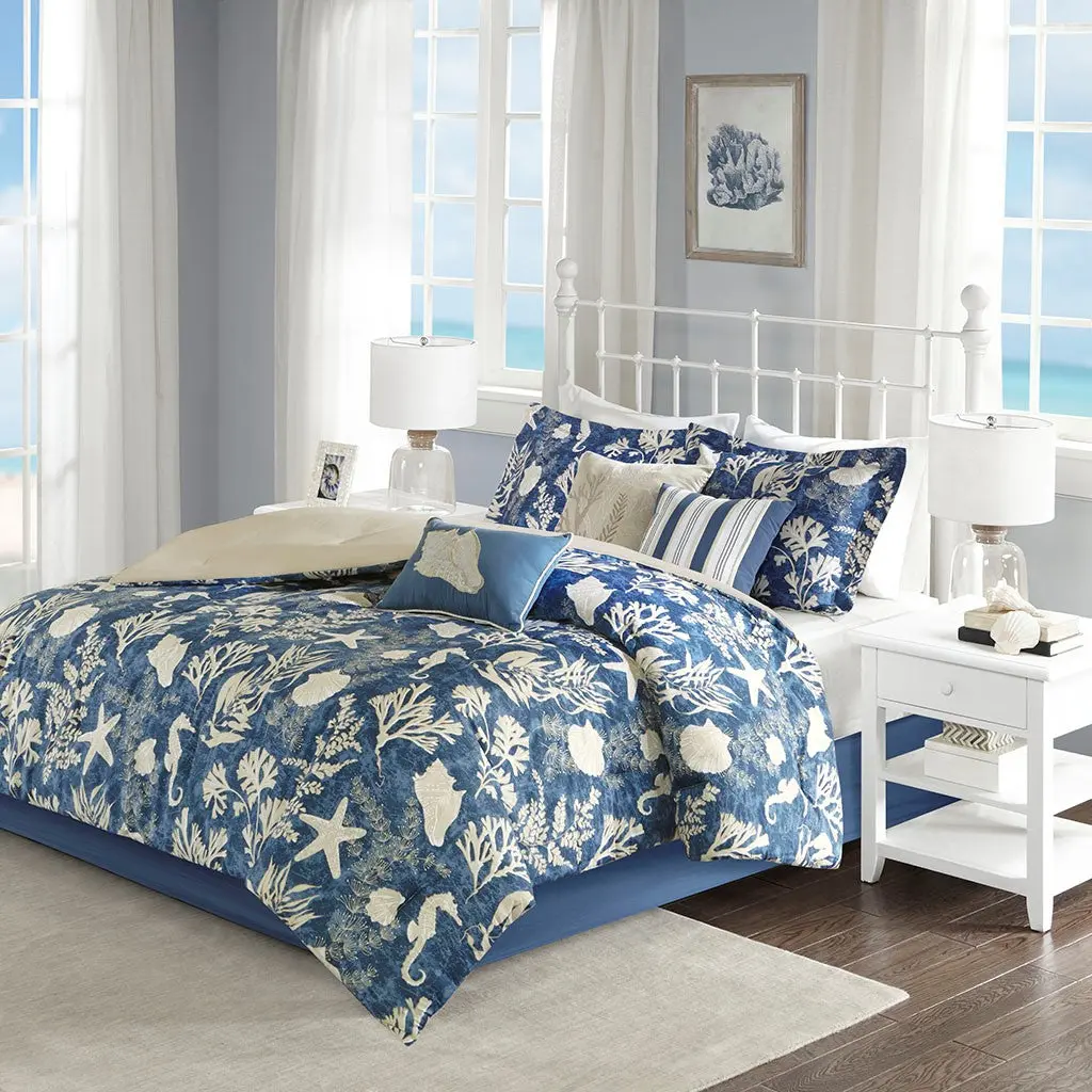 7 Piece Cotton Sateen Comforter Set Blue Queen Size Luxury Bedding jla