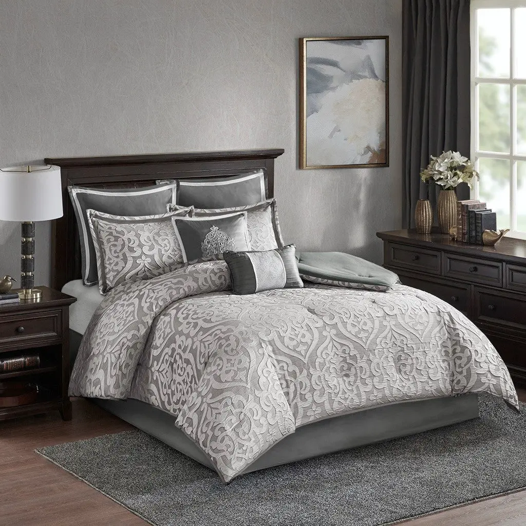 8 Piece Jacquard Easeer Set Silver Queen Size Bedding Comforter jla