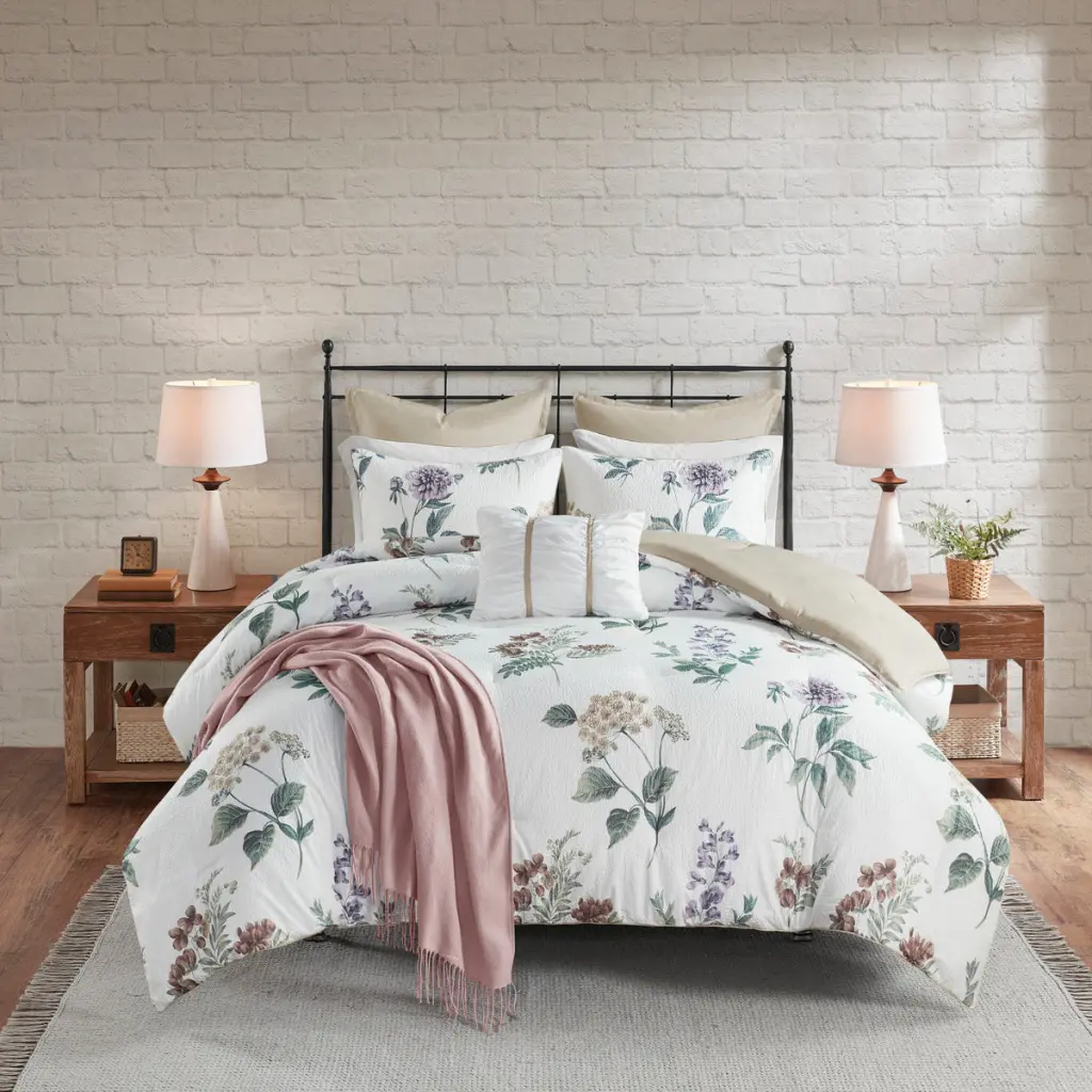 7 Piece Printed Seersucker Easeer Set Throw Blanket Taupe Blush jla