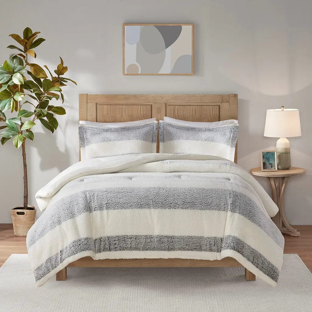 Sherpa Comforter Set Queen Size Grey Ivory Polyester Bedding jla