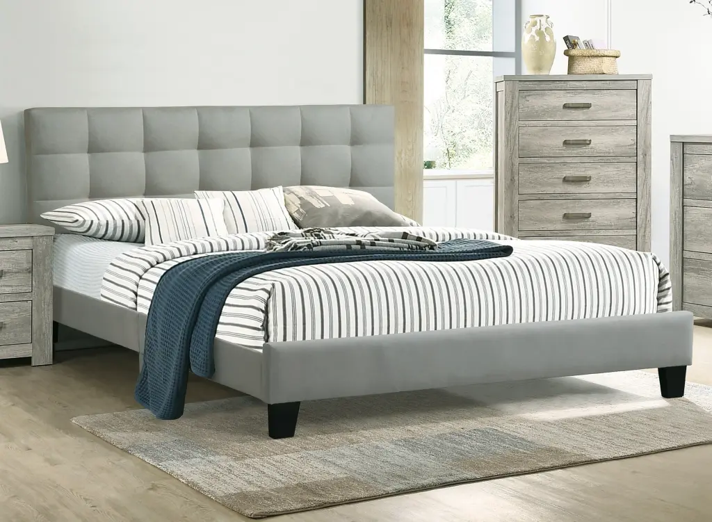 Contemporary 1Pc Queen Size Grey Tufted Headboard Platform Bed Polyfiber kanepe