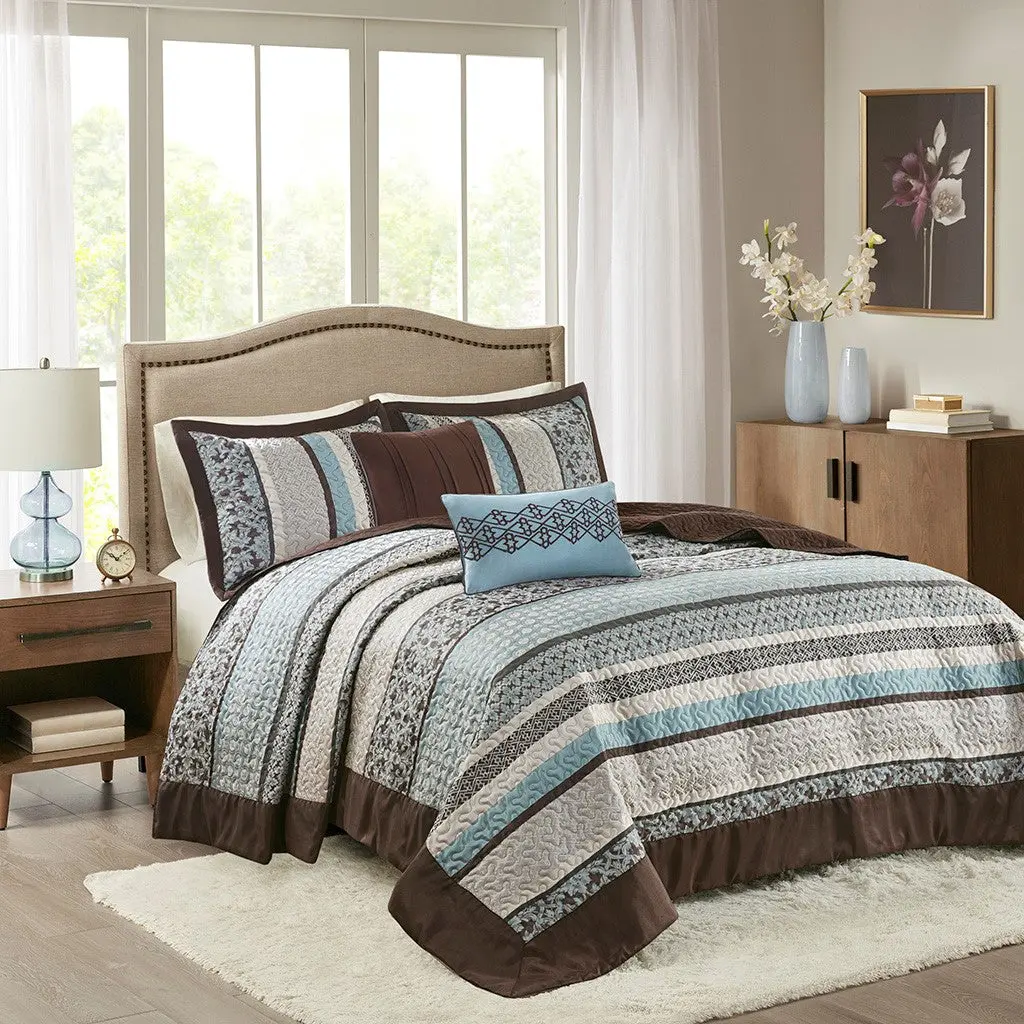 5 Piece Reversible Jacquard Bedspread Set Blue Queen Size Cotton jla