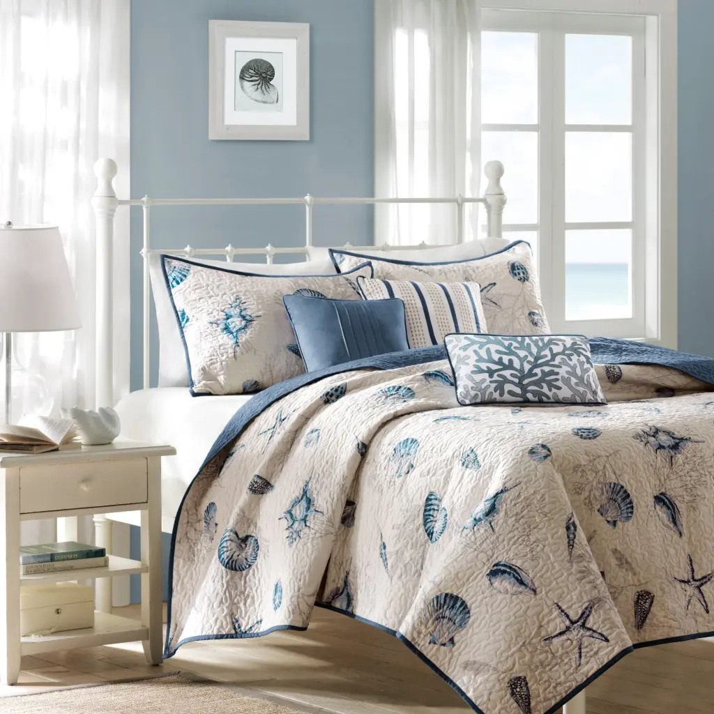 Brushed Microfiber Quilt Set Throw Pillows Blue Full Queen Size Bedding jla