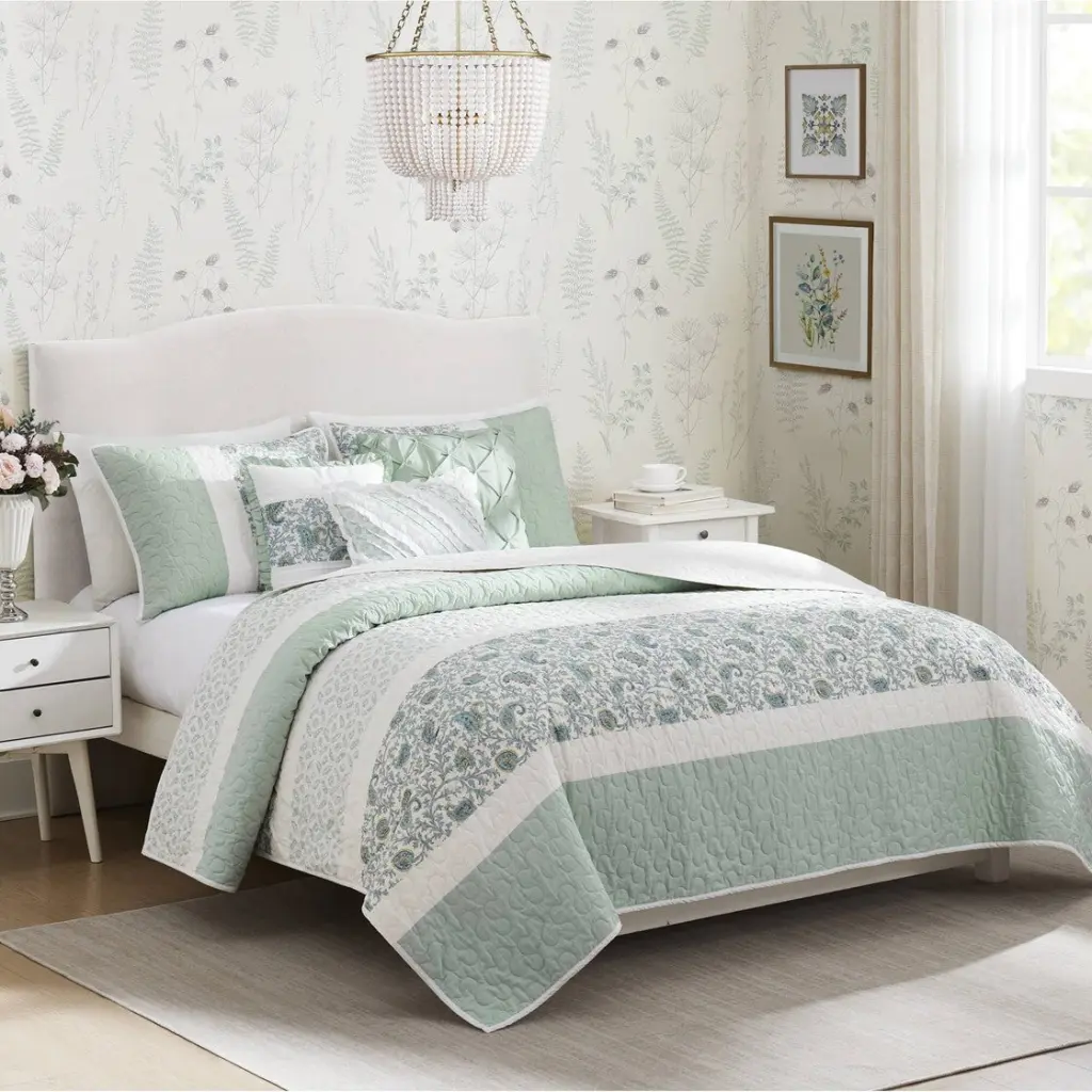 6 Piece Cotton Percale Quilt Set Throw Pillows Aqua Full Queen Bedding jla