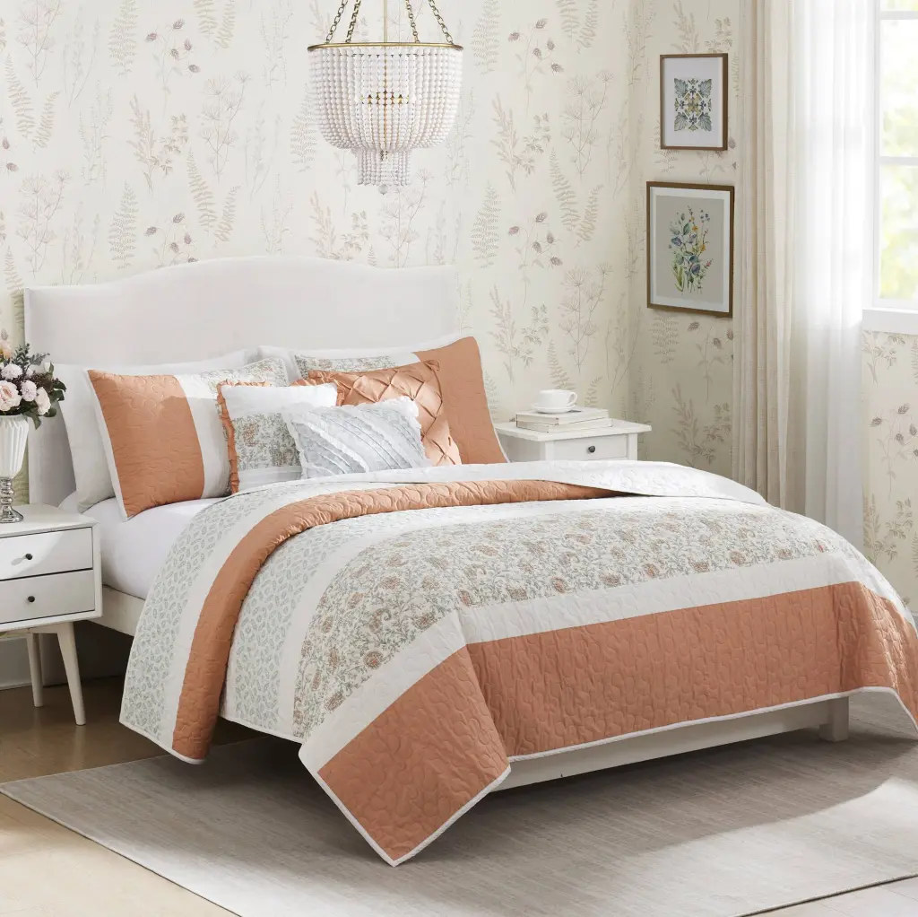 6 Piece Cotton Percale Quilt Set Throw Pillows Coral Full Queen Size jla
