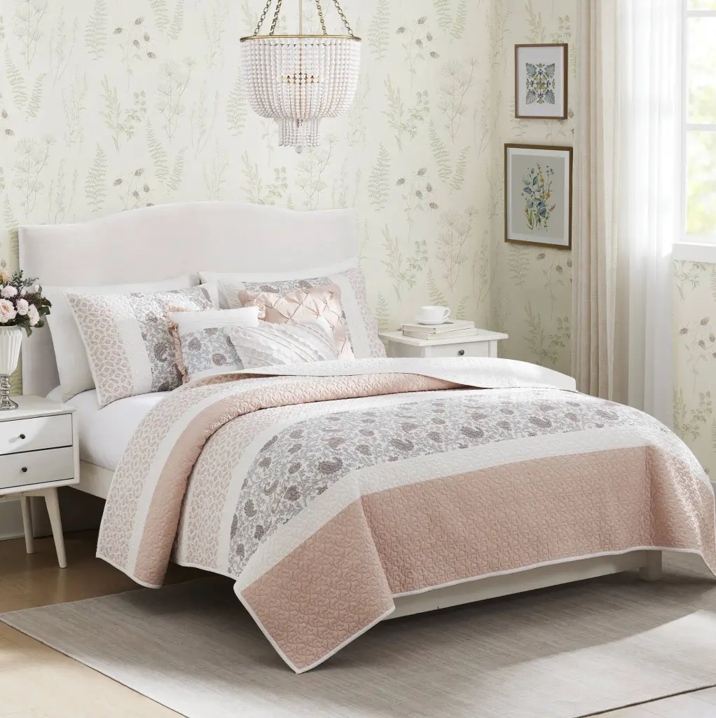 6 Piece Cotton Percale Quilt Set Throw Pillows Blush Full Queen jla