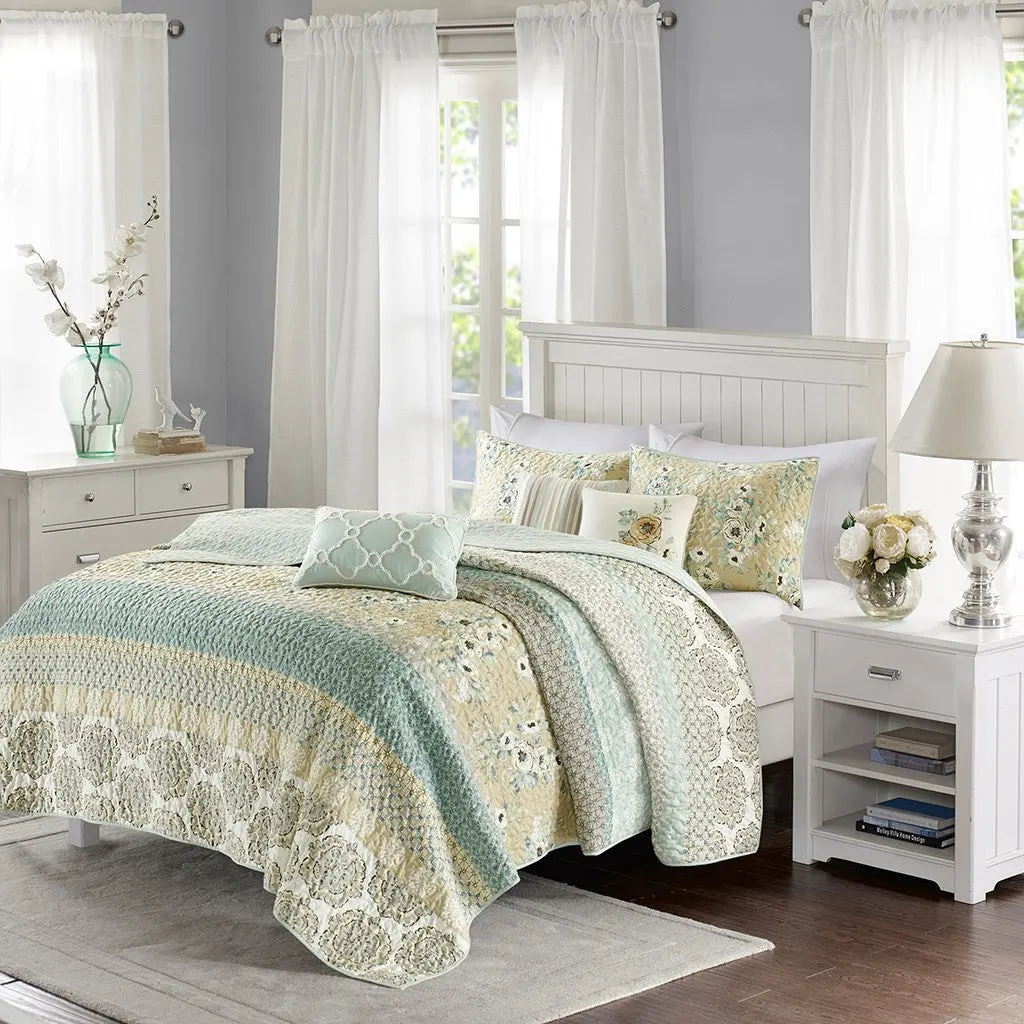 6 Piece Cotton Quilt Set Throw Pillows Green Full Queen Size jla
