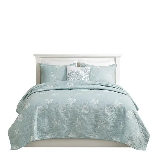 4 Piece Cotton Reversible Embroidered Quilt Set Throw Pillow Aqua Blue jla