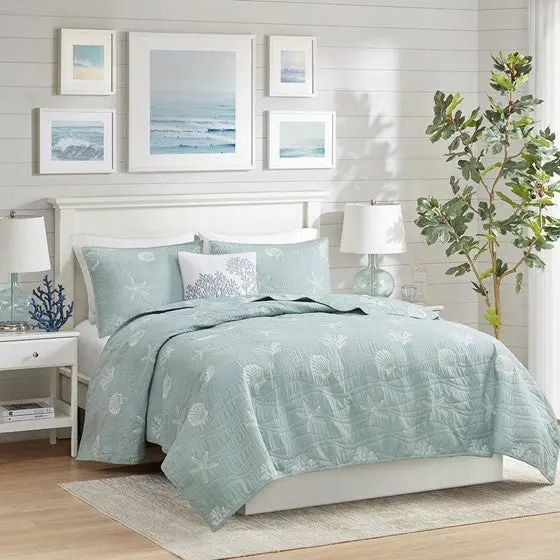 4 Piece Cotton Reversible Embroidered Quilt Set Throw Pillow Aqua Bedding jla