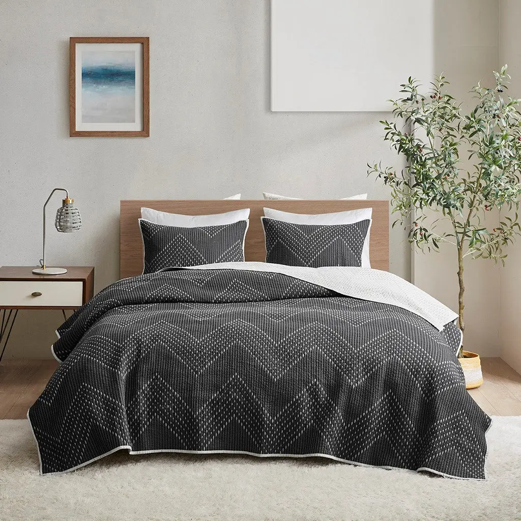3 Piece Embroidered Cotton Quilt Set Black Full Queen jla