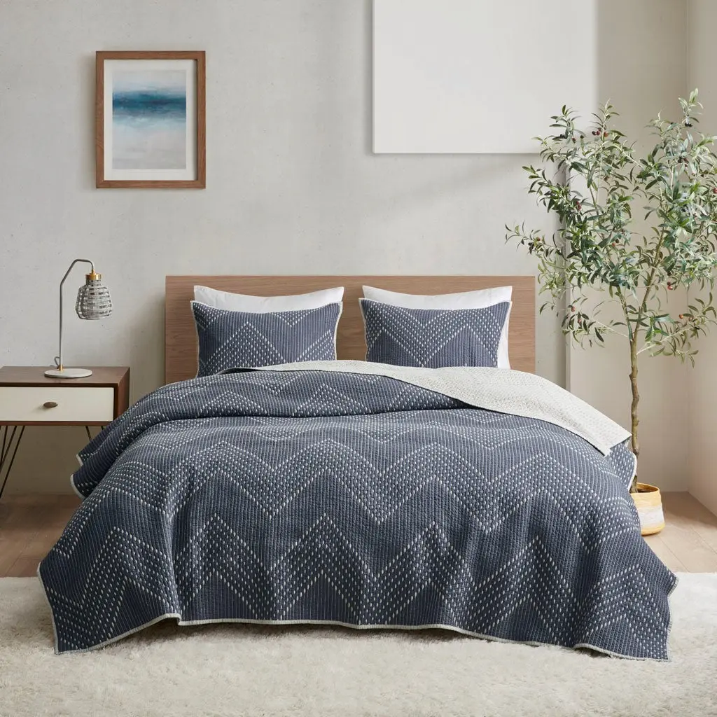 3 Piece Embroidered Cotton Quilt Set Navy King Cal King Size jla