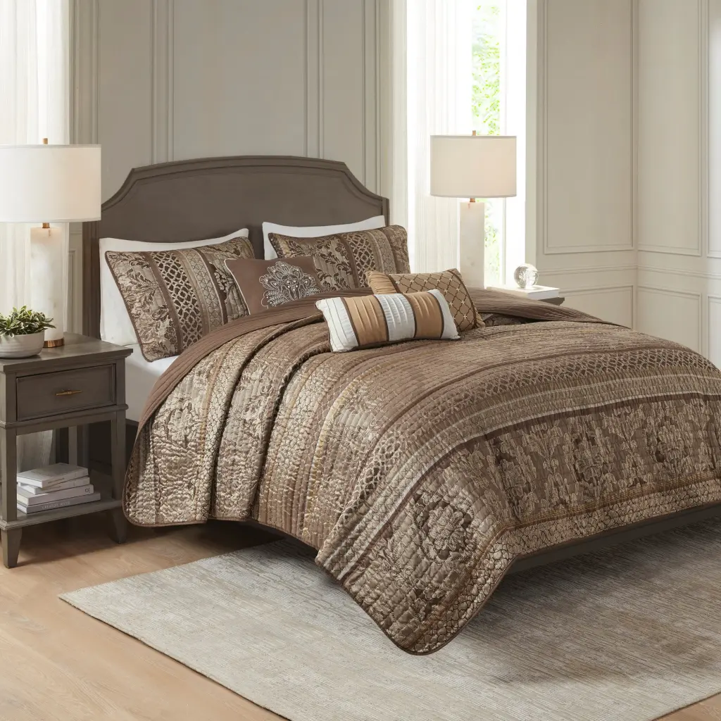 6 Piece Jacquard Quilt Set Throw Pillows Brown Gold King Cal King Bedding jla